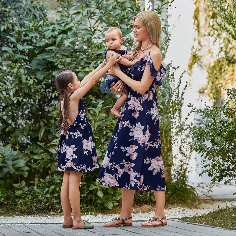 PopReal Mommy and Me Dresses Floral Print Cold Shoulder Ruffle Backless Strap Beach Midi Dress Summer - Image 3